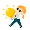 A cute little girl is holding a big light bulb in her hands as a symbol of an idea. Cartoon illustration.