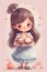 Cute little girl holding a plate of cupcakes, pastel colors illustration, generative AI
