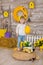 Cute little girl in jeans and white blouse playing hide and seek with a chicken sitting at a haystack close to yellow eggs and