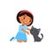 Cute little  girl and kitty are sitting. Happy dark skin school or preschool kid and her pet playing together.