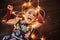 Cute little girl laying on flor with bright christmas garland in her hair