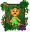 Cute Little Girl Lion With Green Dress In Forest With Tropical Plant Flower In Wood Square Frame Cartoon