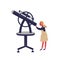 Cute little girl looking into telescope vector flat illustration. Colorful female child watching through spyglass