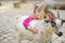 Cute little girl petting and feeding a goat at petting zoo. Child playing with a farm animal on sunny summer day.