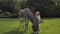 Cute little girl petting a grazing donkey