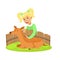 Cute little girl petting lying deer in a mini zoo. Colorful cartoon character vector Illustration