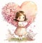 Cute little girl with pink flowers heart on the background. Watercolo digital painting. Celebration valentine card