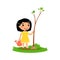 Cute little girl planting tree flat vector illustration. Happy asian kid gardening cartoon character