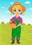 Cute little girl playing gardener with basket full of fresh vegetables