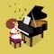 Cute little girl playing the grand piano on yellow background