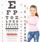 Cute little girl pointing at an eyesight test with stick