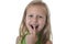 Cute little girl pointing her teeth in body parts learning school chart serie