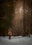 Cute little girl portrait in a spring forest at cloudy day