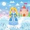 Cute little girl and princess in a blue beautiful dress on a winter background of a castle. Snow lawn. Vector