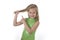 Cute little girl pulling blonde hair in body parts learning school chart serie