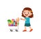 Cute little girl push shopping cart full of groceries