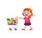Cute little girl push shopping cart full of groceries