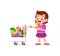 Cute little girl push shopping cart full of groceries