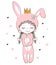 Cute little girl in a rabbit costume. Easter bunny. Little princess with curly hair in a carnival costume. Doodle vector