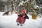 Cute little girl in red cap or hat and black coat with basket of green fir branches treats with a pie of big dog