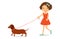 Cute little girl in red dress with curly hair dachshund dog.