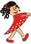 Cute little girl at red frock, funny vector illustration