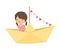 Cute Little Girl Sailing on an Yellow Paper Boat with Colorful Flags Vector Illustration