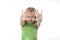 Cute little girl showing hands in body parts learning school chart serie