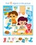 Cute little girl is sitting with cake and robot cat. Boy and dog. Find 10 items. Game for children. Robotics, cartoon
