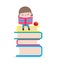 Cute little girl sitting and reading a book on stack of books, happy pupil reading a book at a top of a books heap