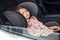 Cute little girl sleeping inside of the car. Conception of traveling and vaccation