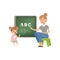 Cute little girl standing near the blackboard and writing letters of the English alphabet, teacher helping her, language