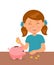 Cute little girl standing at the table puts coins in a piggy bank and dreams of buy something.