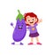 Cute little girl stands with eggplant character