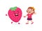 Cute little girl stands with strawberry character