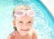 Cute little girl in swimming pool in glasses