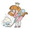 Cute little girl tooth fairy holds a dental mirror and helps the tooth to wash color variation for coloring page on white