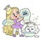 Cute little girl tooth fairy pours balm on a tooth rinse color variation for coloring page on white background