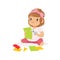 Cute little girl utting an application details, kids creativity, education and child development, colorful character