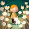 Cute little girl walks in the evening with a white cat among the flowers in the garden. Cartoon illustration