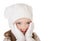 Cute little girl in warm hat and gloves closing her cheks isolated