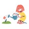 Cute little girl water a flower using watering can