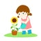 Cute little girl watering sunflower cartoon .
