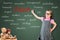 Cute little girl wearing business dress and showing concept of vision on green chalk board.