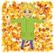 Cute little girl wearing green raincoat lying on colorful autumn leaves in park