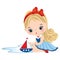 Cute Little Girl Wearing Nautical Dress Playing with Toy Ship. Vector Nautical Girl with Toy Ship