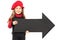 Cute little girl wearing red beret and holding big black arrow p