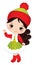 Cute Little Girl Wearing Winter Dress and Knitted Hat. Vector Christmas Cute Girl