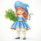 Cute little girl in witch costume holding an armful of herbs