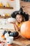 Cute little girl in witch costume sitting behind a table in Halloween theme decorated room, holding hand painted pumpkin.